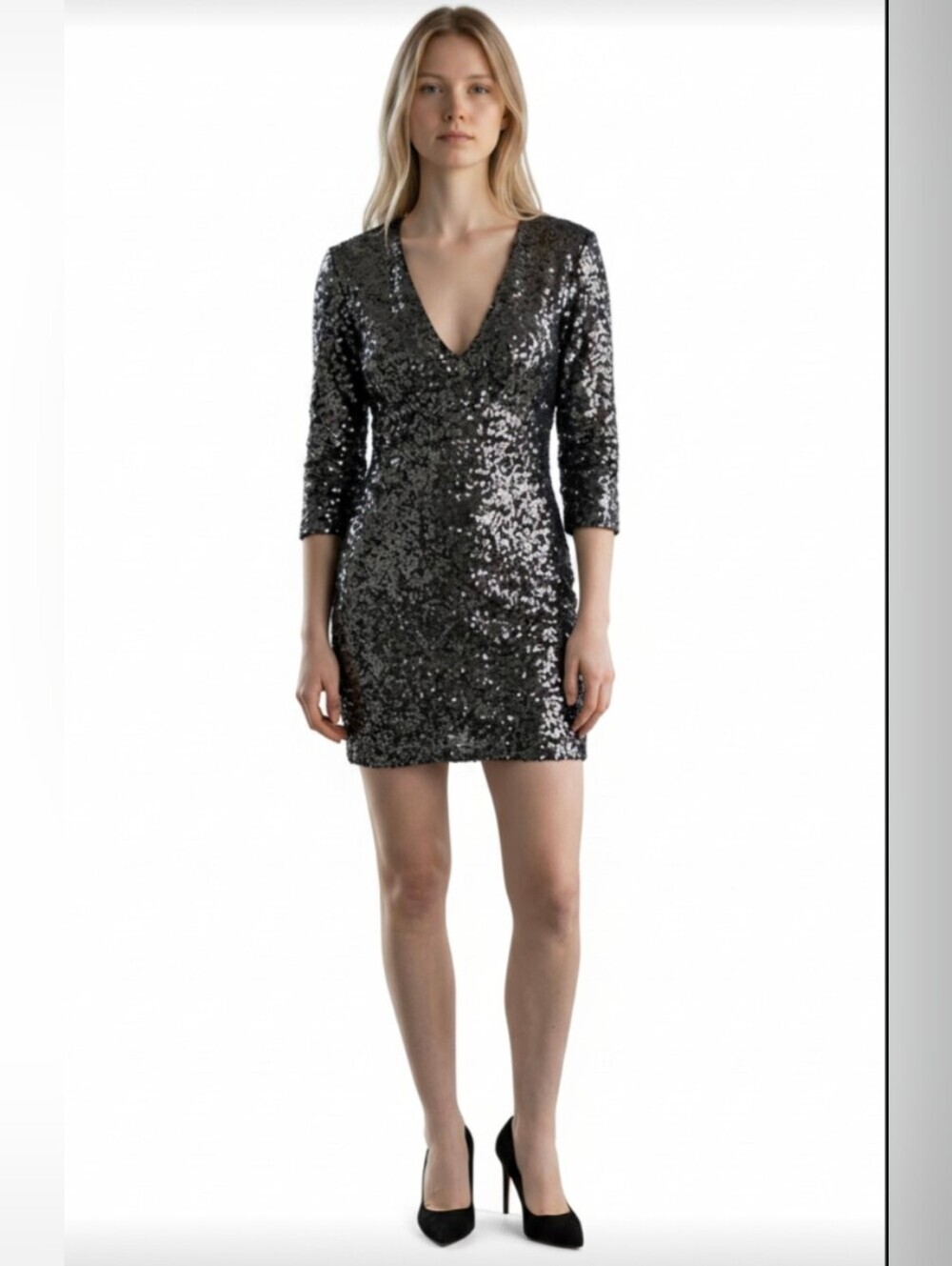 NWOT! EXPRESS! MIDNIGHT MOON SILVER/BLACK SEQUINNED STRETCH V-NECK DRESS! 6